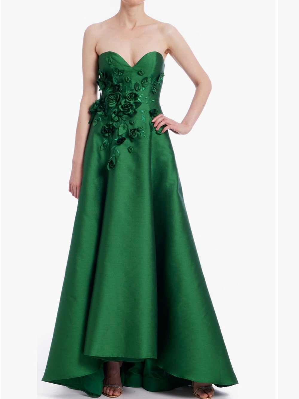 Badgely Mischka Strapless Green Floral Appliqué Evening Gown